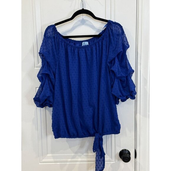 CeCe Tops - CeCe XL Royal Blue Clip-Dot Ruffle-Sleeve  GUC Tie Hem Lined Body Work 2 Weekend